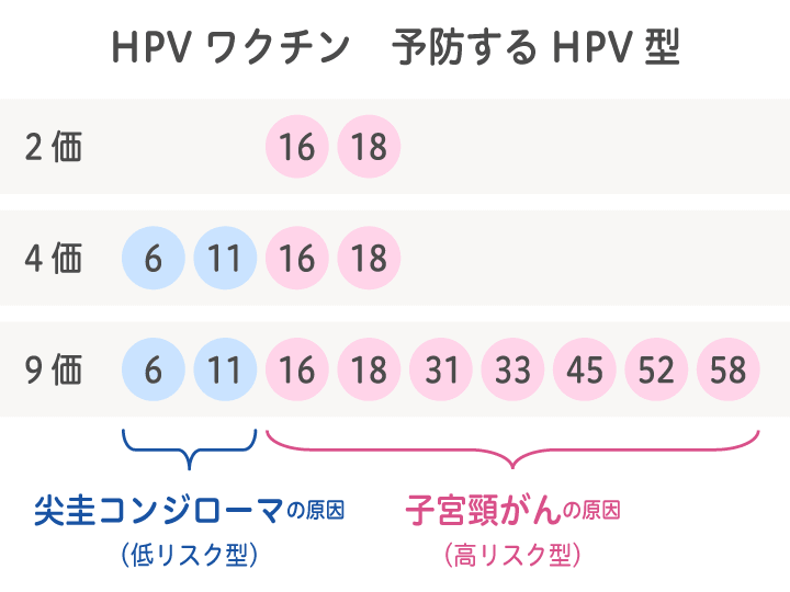 各HPVワクチンが予防するHPV型